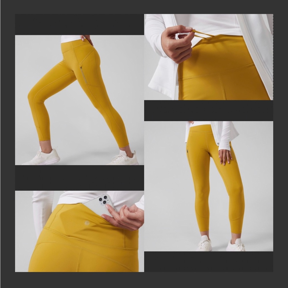 Athleta Rainier Leggings tights LARGE 7/8 mustard Yellow gold athletic running